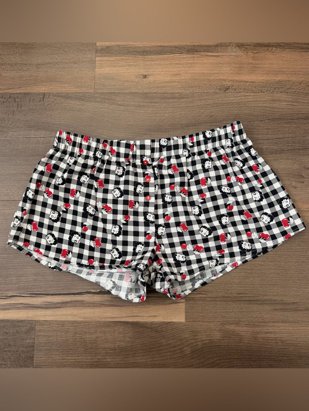 Betty Boop Black & White Gingham Cherries & Betty AOP Lounge Shorts Sz. Large